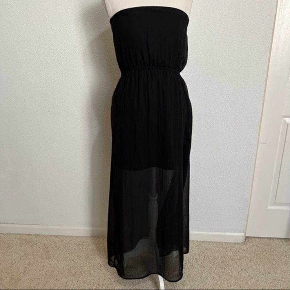 Forever 21 Black Strapless Maxi Dress Gathered Waist Front Slit Lined Medium